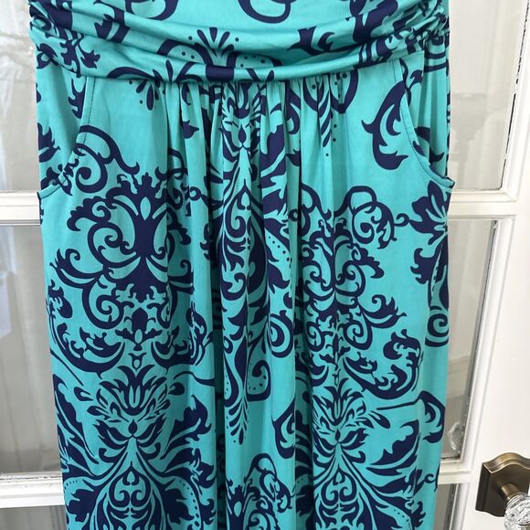 Strapless Maxi Dress Turquoise & Navy Blue Womens Large Pockets - Picture 5 of 10